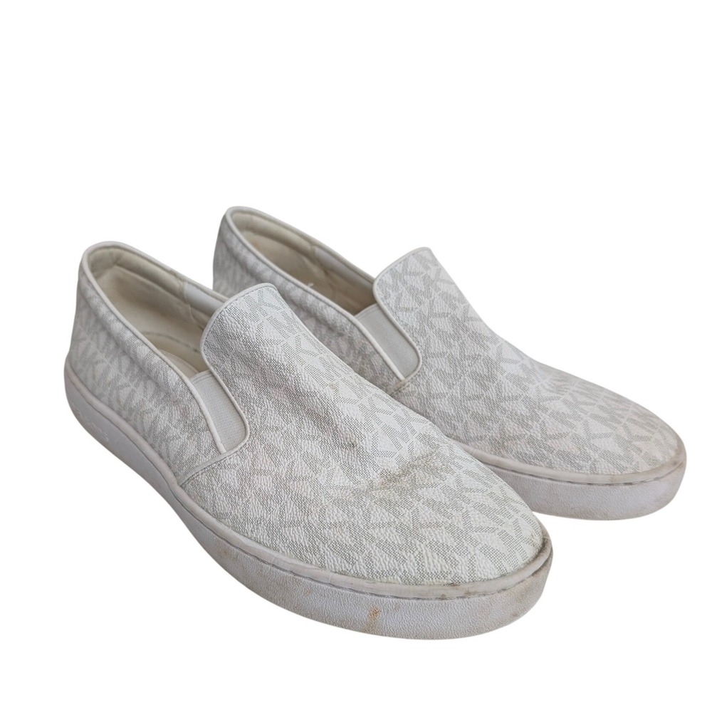 Michael Kors Womens Slip On Shoes 9 White Logo Monogram Canvas Sneakers Casual